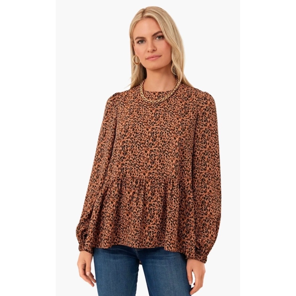 Pomander Place Carlotta Peplum Leopard Print Long Sleeve Top Size Large